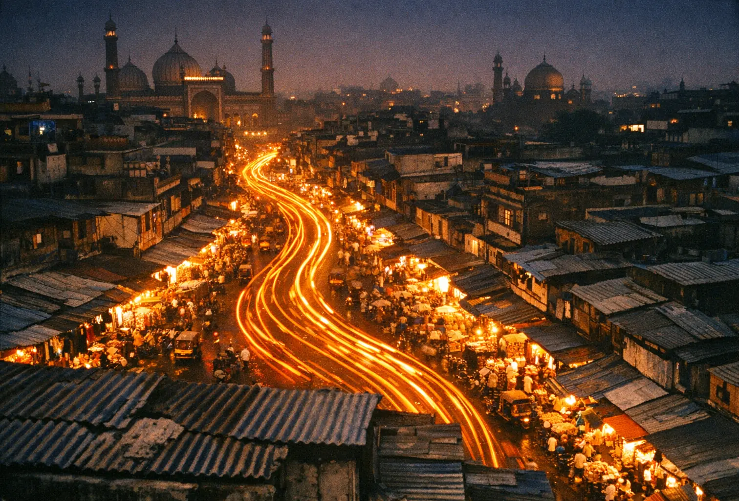 A dense city street at night seen from above, streaked with the lights of auto-rickshaws and two-wheelers.
