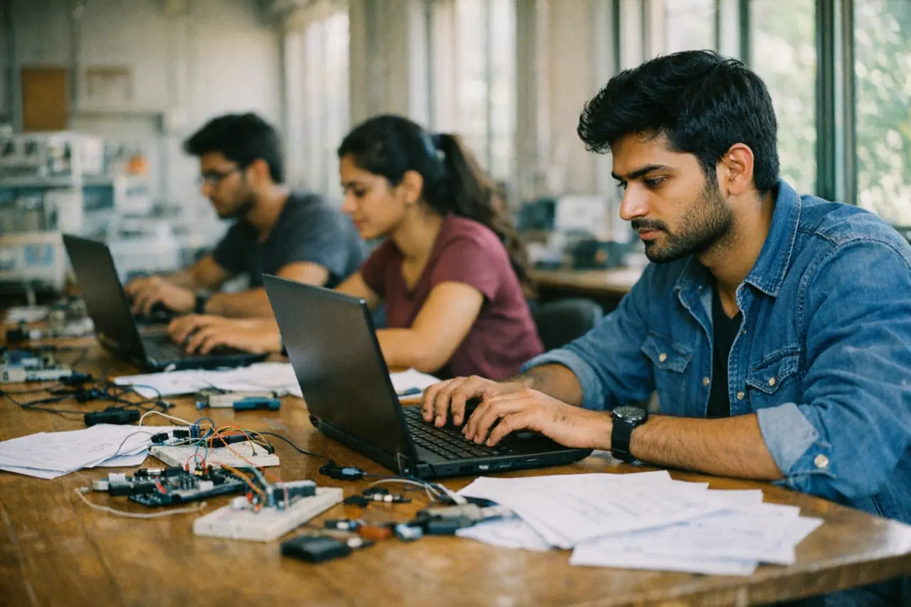 Three people working at laptops along a shared table, with breadboards and printed notes in front of them.