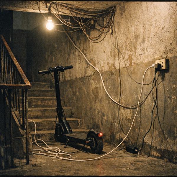 An e-scooter charging in a stairwell from a socket on the wall, wires running across the floor.