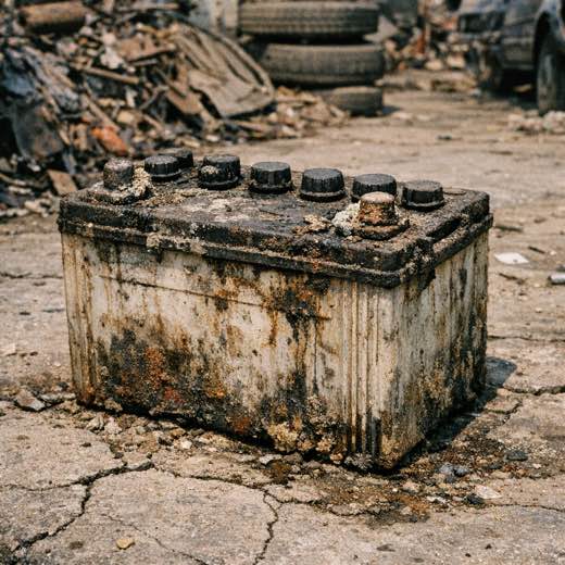 A corroded lead-acid battery abandoned on broken concrete in a scrapyard.