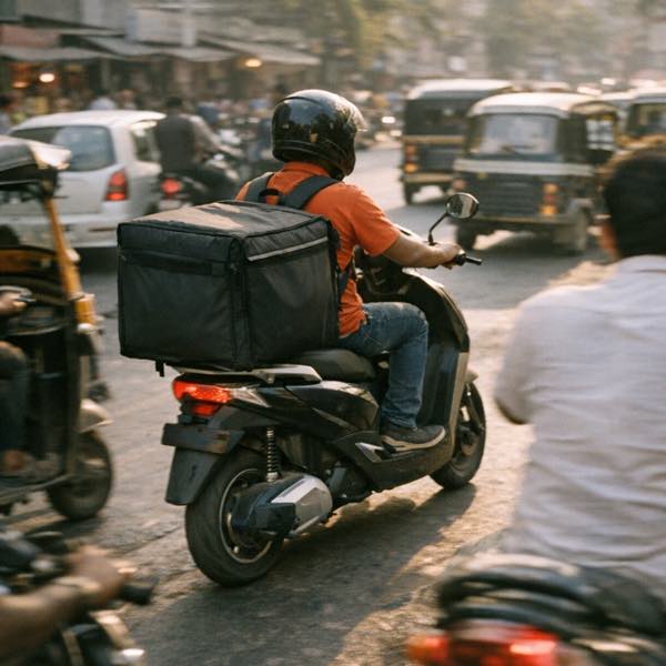 A delivery rider in dense traffic with an insulated box strapped behind the seat.