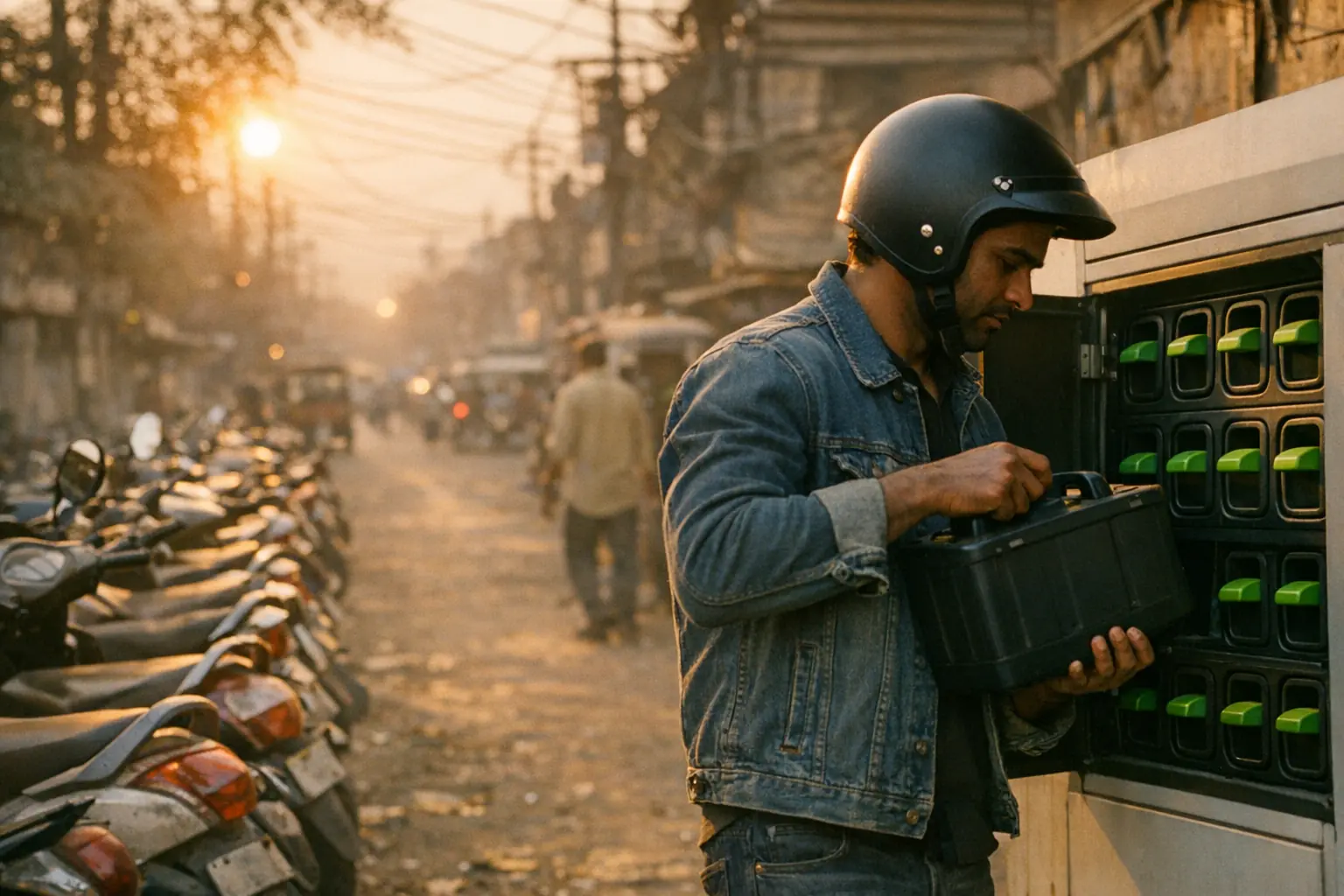 A rider in a helmet lifting a battery pack out of a roadside swap cabinet at sunset, beside a long row of parked scooters.